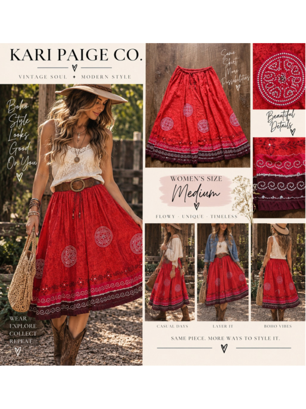 Women's White Stag Maxi Skirt Size M Red Maroon Boho F26